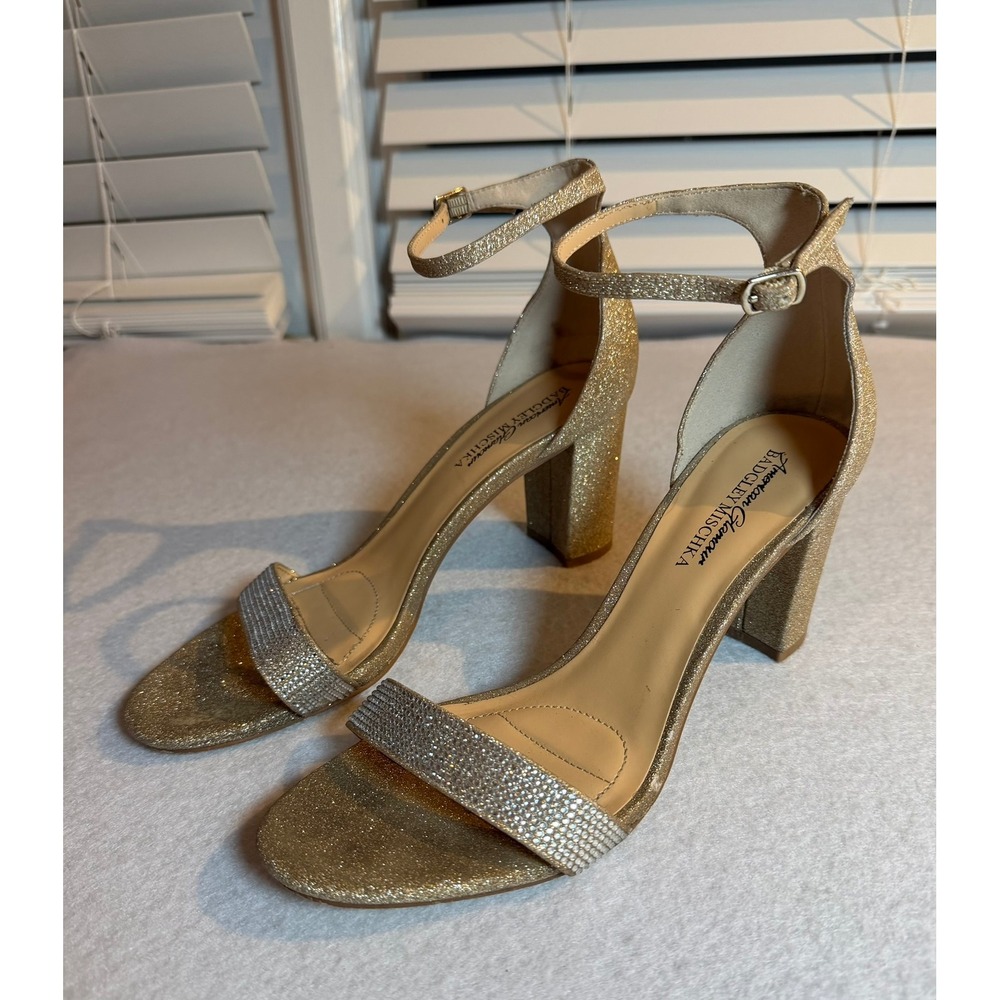 American‎ Glamour Badgley Mischka Gold Glitter Crystal Block Heel Sandals Size 8